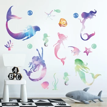 

Mermaid Sticker Watercolor Style Art Sea Fish Wall Decal Underwater World Theme-mermaid Decor For Kids Girls Room Home Mural Diy