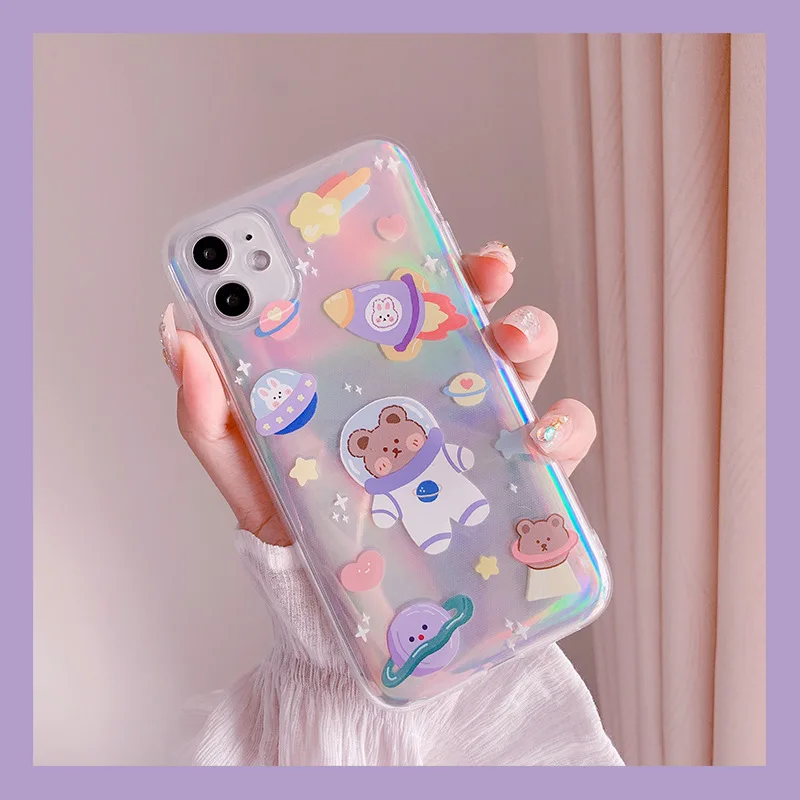 Лазерный космический медведь мобильный телефон чехол подходит для iPhone11 12Pro Max