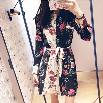 

Women Dress 2019 Spring and Summer New Color Matching Printed Lapel Tie Single-breasted Dress