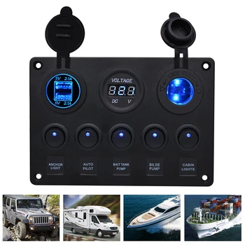 

5 Gang Car Marine Boat LED Rocker Switch Panel Waterproof Circuit Digital Voltmeter Dual USB Port With 4.2A Dual Slot Socket
