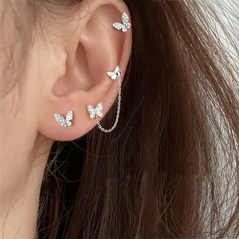 

3pcs/lot 925 Sterling Silver Stud Earrings For Women Crystal Zircon butterfly shape Earring Piercing Earings Jewelry