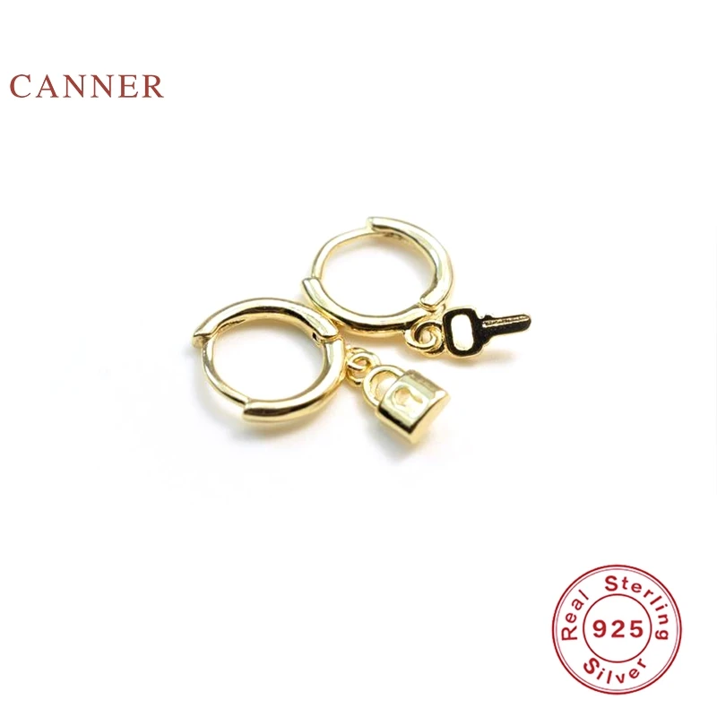 

CANNER 925 Sterling Silver Earrings For Women Personalized Key Lock Earrings Hoops Zircon Korean Pendientes Silver Gold Jewelry