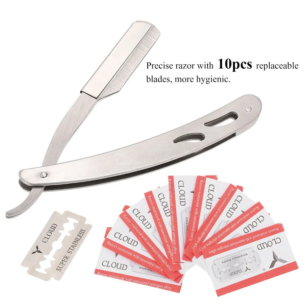 

1 Set Straight Edge Razor Stainless Steel Barber Salon Safety Folding Shaving Knife Hair Removal Tools With 10pcs Blades