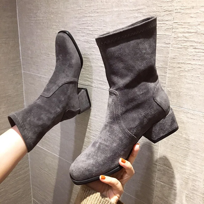 

Autumn Winter New Stretch Boots Short Tube Round Toe Slip On Ankle Boots Black Med Square Heel Booties