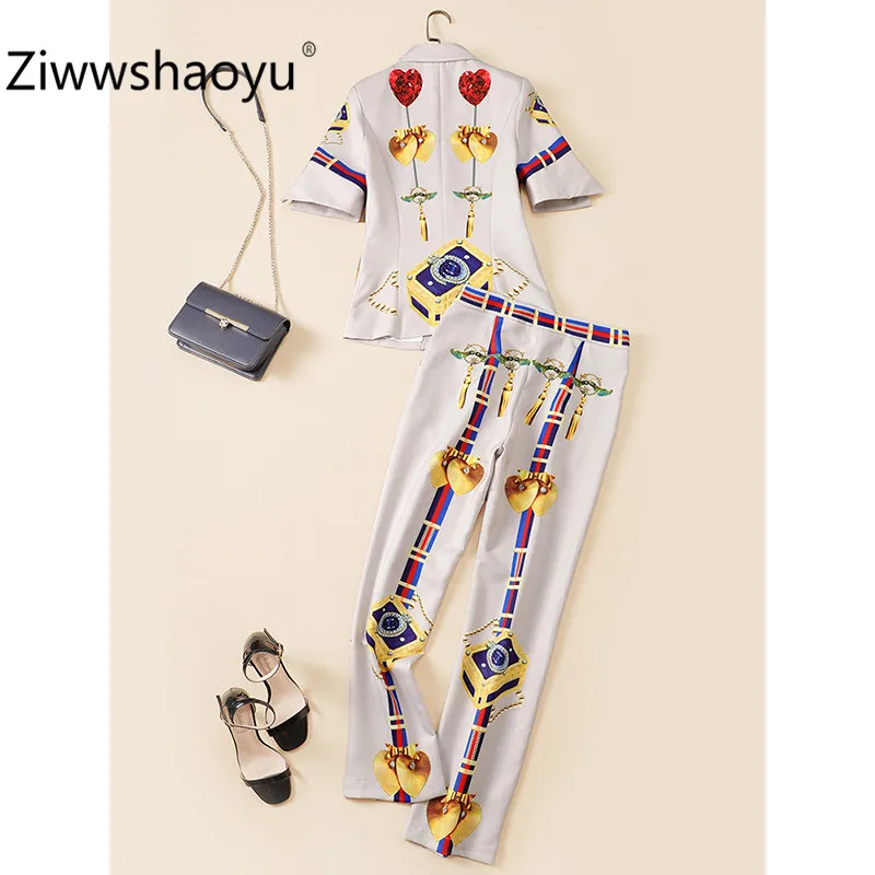 Ziwwshaoyu элегантные офисные женские брюки костюмы для женщин с коротким рукавом однобортное пальто+ брюки модный осенний комплект из двух предметов
