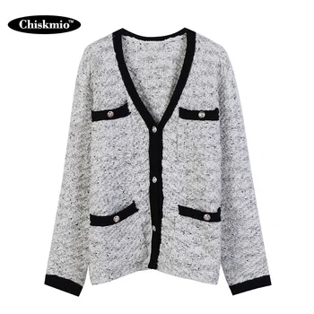 

Women's V-neck Sweater Loose Warm Outwear Single-Breasted Pocket Design Cardigan office Women Blackside Knitwear sueter mujer