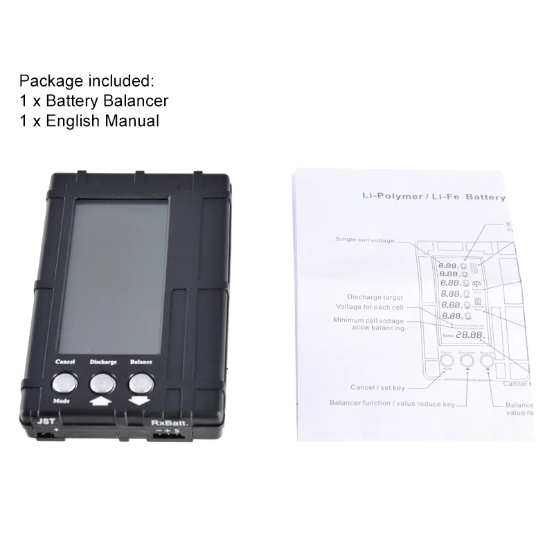 3in1 Battery Balancer LiPo/LiFe 2-6s Balancing Discharger Voltage Meter Tester LCD Screen Display JST Connector for RC Model