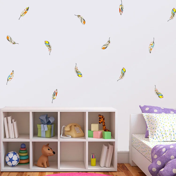 Creative Colored feather Wall Sticker Living room bedroom wall background decoration Decals combination stickers home wallpaper