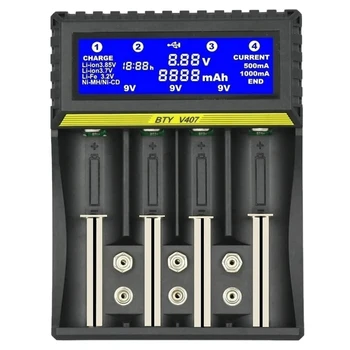 BTY-V407 Caricabatteria Li-Ion Li-Fe Ni-Mh Ni-Cd Intelligente Fast Charger per 18650 26650 6F22 9V aa Aaa 16340 14500 Caricabatteria