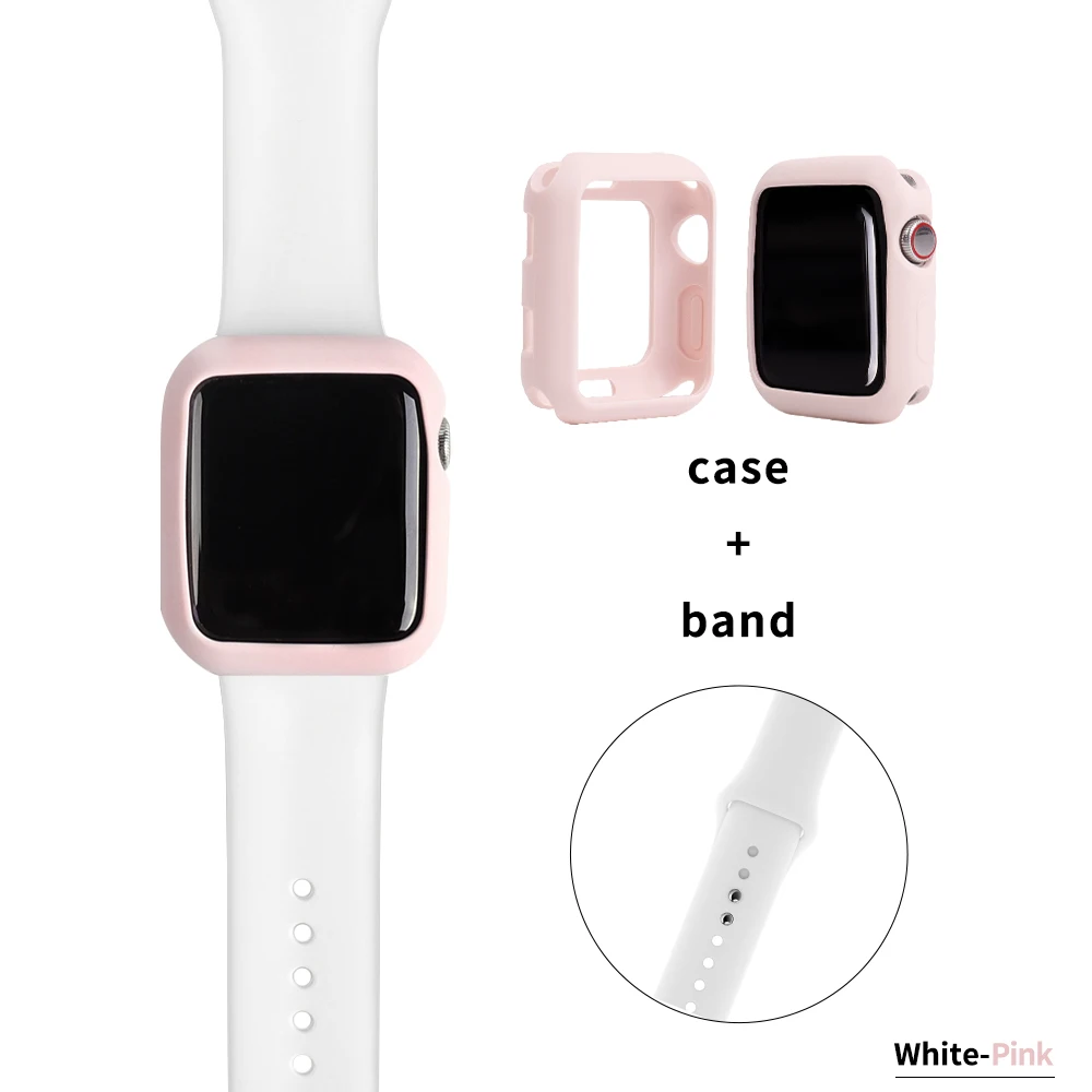 Мягкий силиконовый чехол для apple watch 4, 5, 3, 2, 1, чехол для iwatch, бампер 38, 42, 40, 44 мм, защита ярких цветов, тонкая рамка, ремешок - Цвет ремешка: White Pink