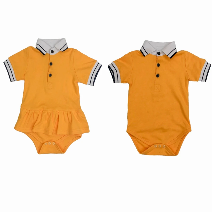 

Infant Baby Twins Clothes Short Sleeve Lapel Collar Rompers Brother and Sister Clothing Solid Color One Piece Cotton Playsuit