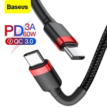 Baseus usb tipo c, cabo para usb tipo c para samsung s8 s9 plus xiaomi smartphone pd 60w cabo de carga rápida qc3.0 3a para tipo c