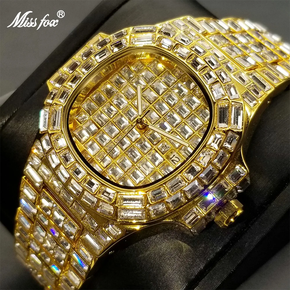 MISSFOX Gold Full Diamond Mens Watches Iced Out Bling Quartz Wristwatch Stainless Steel High Quality AAA Clock Dropshipping 2023 missfox luxury diamond watches for men fashion silver stainess steel quartz wristwatch hip hop rapper style waterproof clock hot