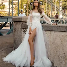 Elegant Tulle Long Puff Sleeves Wedding Dress Lace Appliques A-Line Wedding Gown For Bride 2021 Illusion Slit Vestido de Novia
