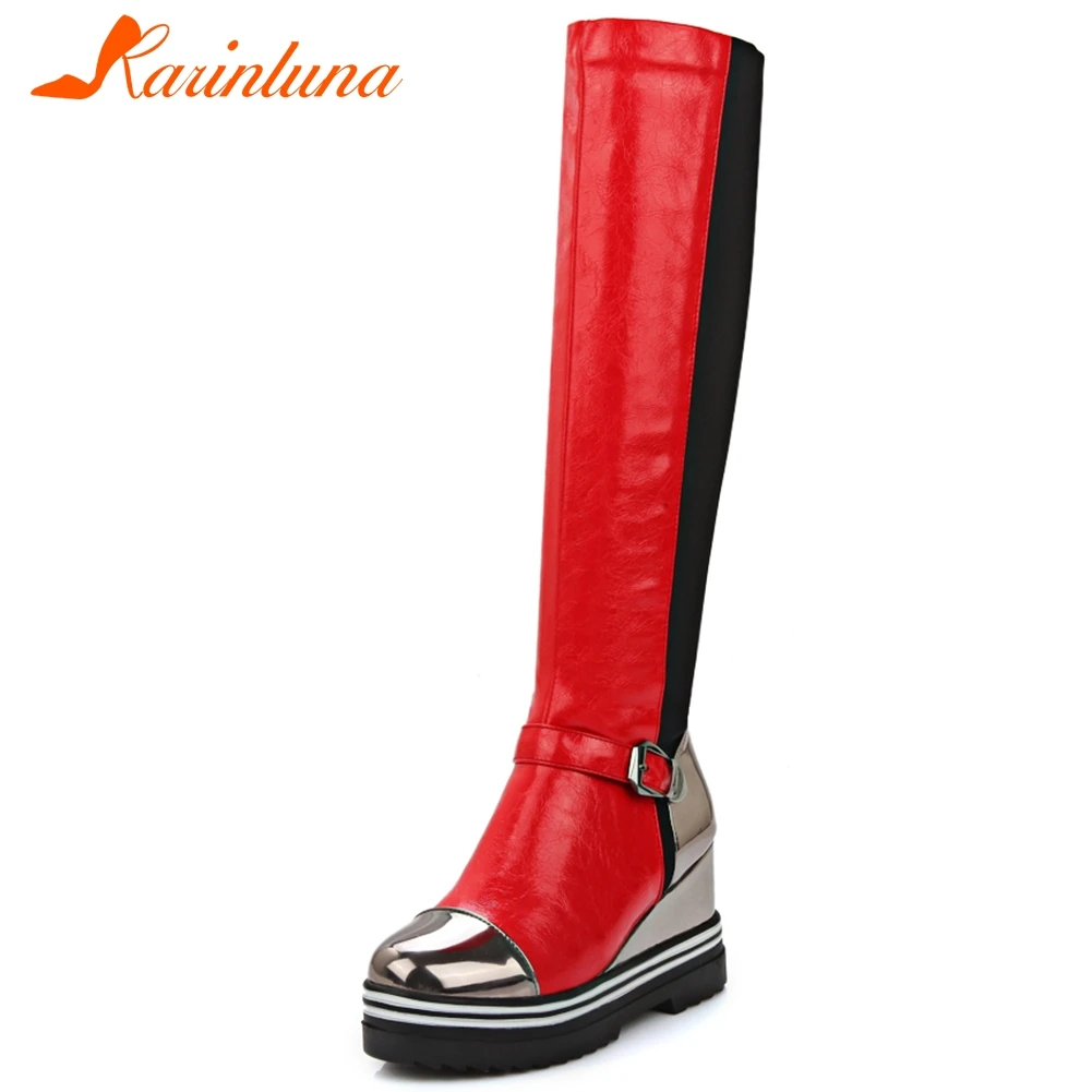 

KARINLUNA Female 2020 Metallic Boots Platform Increasing Height Thigh High Boots Women Round Toe Over The Knee Shoes Woman