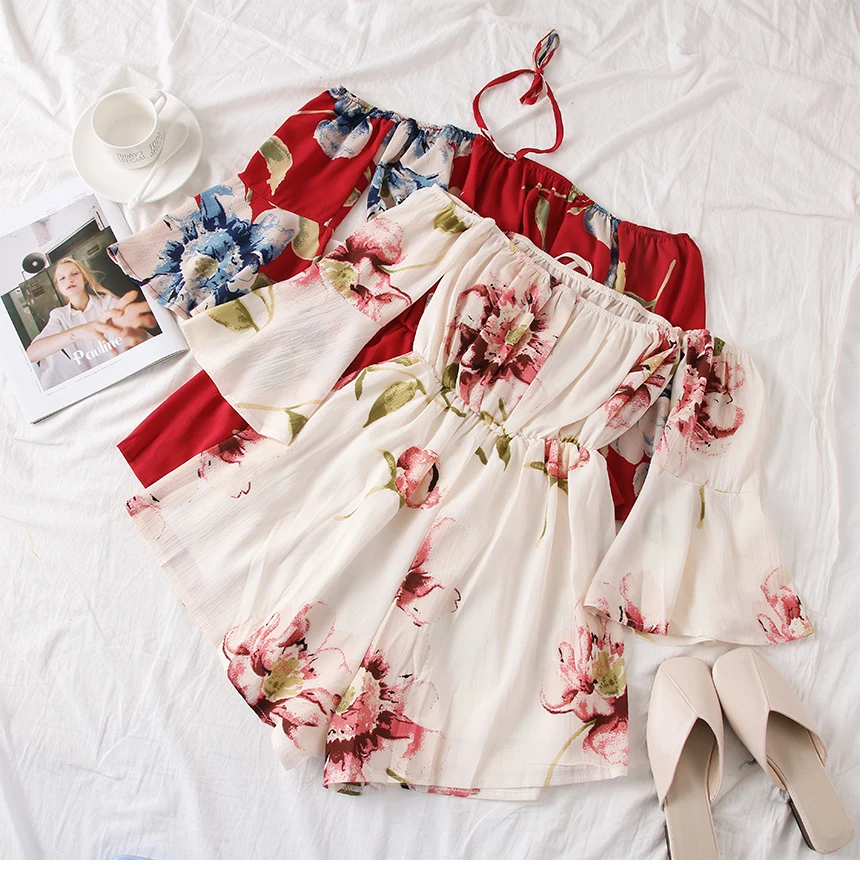 Women Halter Floral Playsuits Holiday flower overalls bohemian off shoulder beach jumpsuits wide leg chiffon rompers G1373