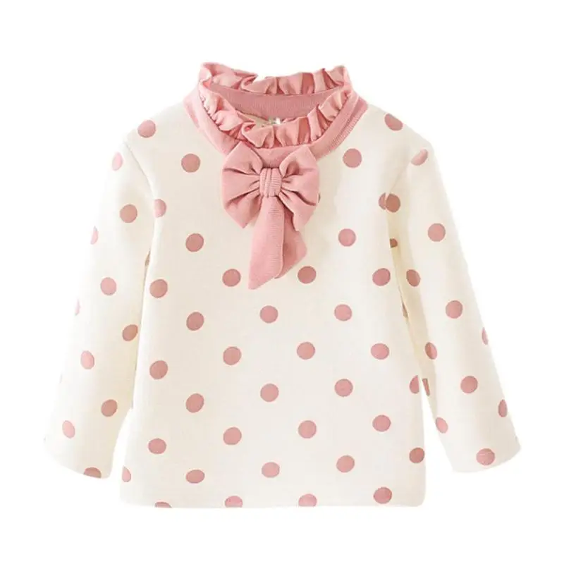 Baby Girl Kids Cute Tops Korean Lovely Cute Cotton Leisure Daily Thickening Bow Long-Sleeves Ruffle Princess Costume - Цвет: Розовый
