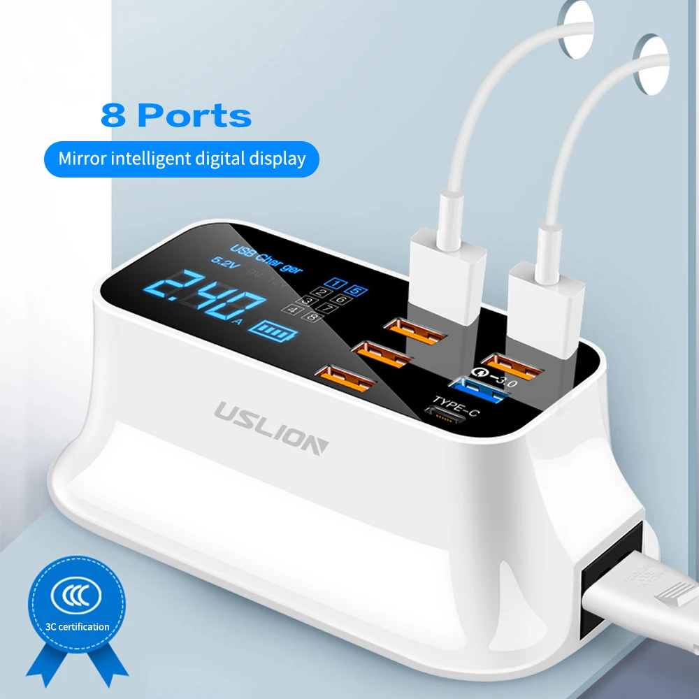 USLION Быстрая зарядка 3,0 станция для зарядки с USB со светодиодным дисплеем для iPhone samsung Xiaomi адаптер 8 портов ЕС вилка быстрое USB зарядное устройство