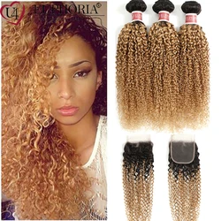 Ombre Blonde Brazilian Remy Human Hair T1B/27 3 Bundles With Closure Blonde Kinky Curly Bundles With 4x4 Lace Closure Euphoria