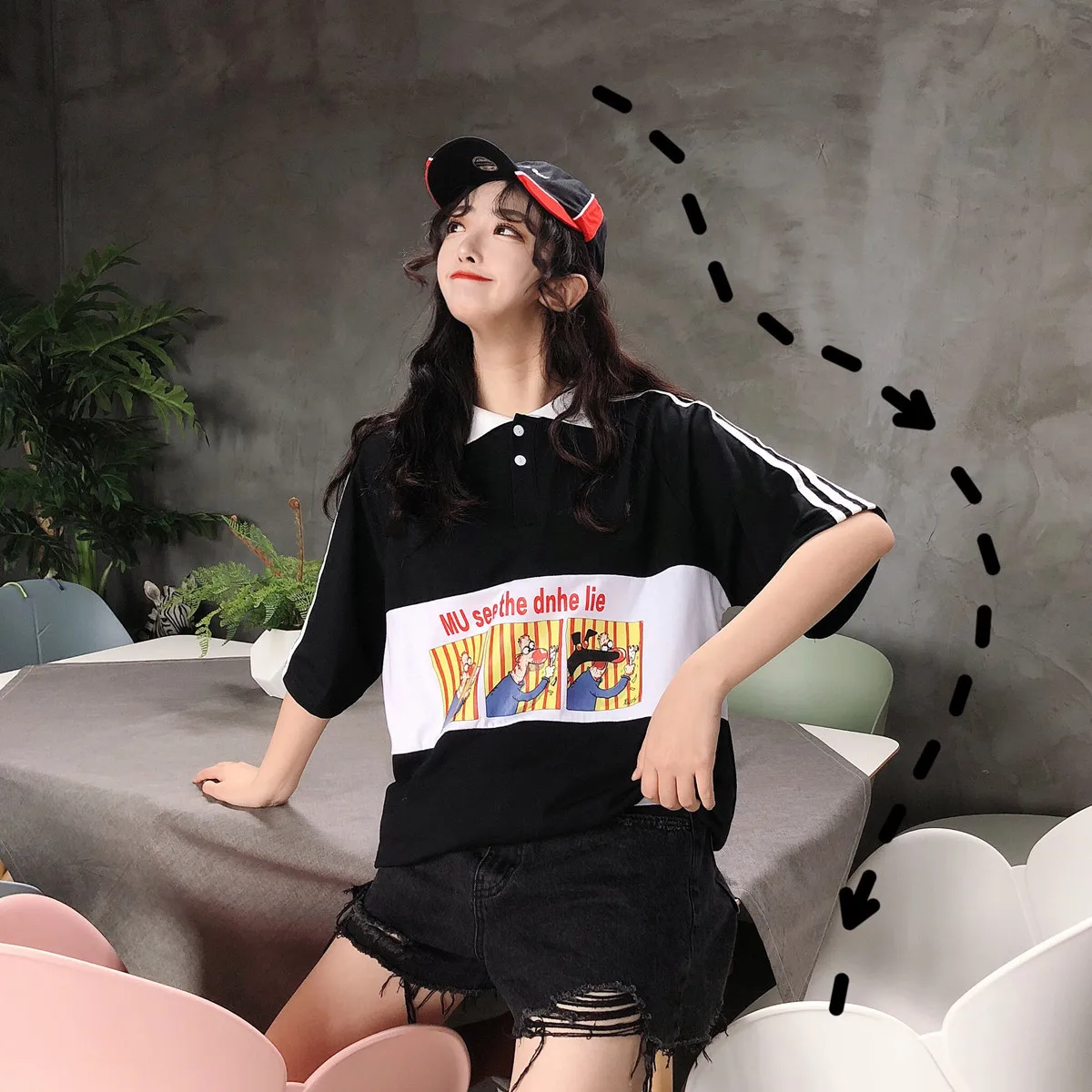 

1097 # [Photo Shoot 6535 Cotton] Summer Wear Short-sleeve T-shirt for Women Contrast Color Tops Loose-Fit Students Half Sleeve P
