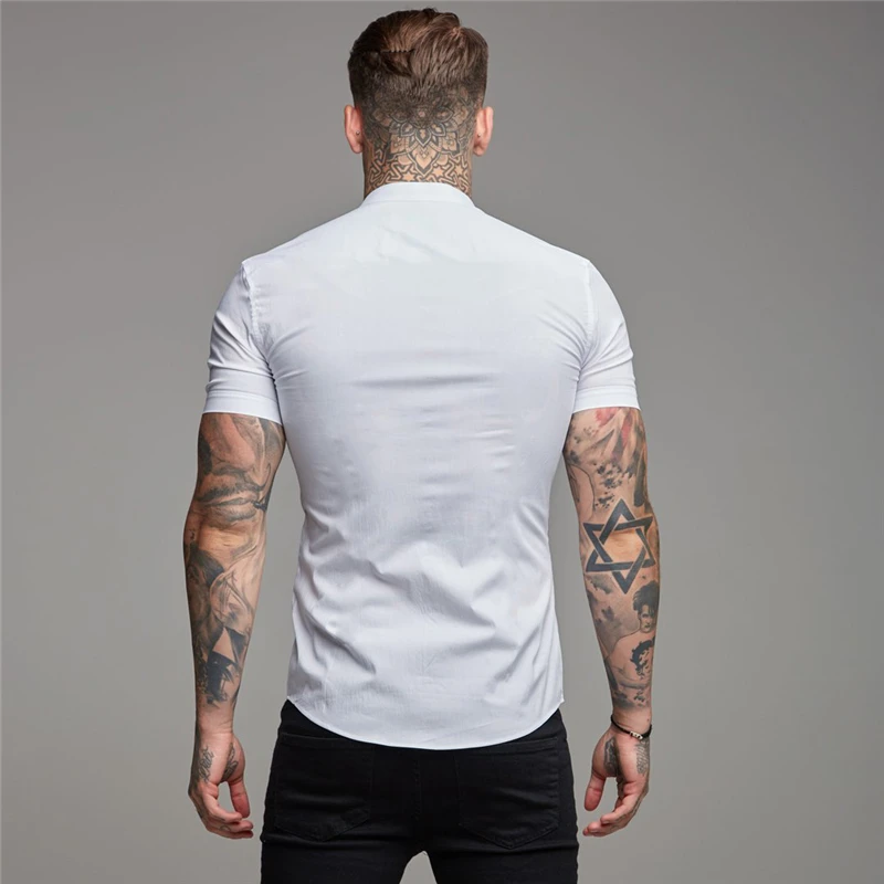 Summer Fashion Short Sleeve Shirt Men Slim Fit Social Business Stand Collar Dress Shirt Brand Mens Fitness Sports Gym Clothing