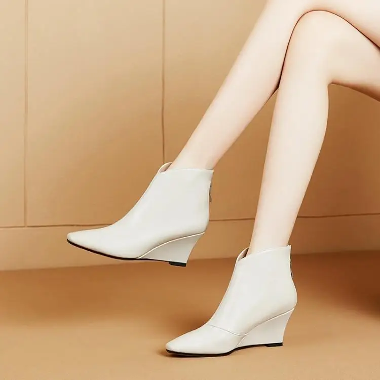 

High leather boots naked female wedge boots square head with short canister boots head layer cowhide