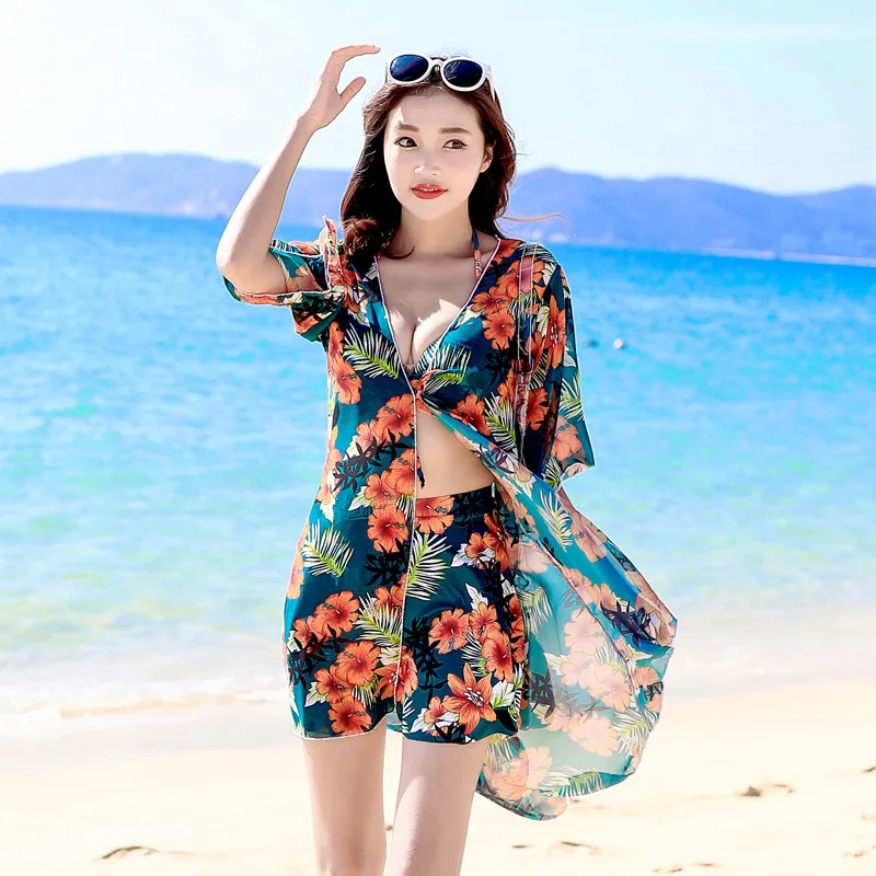 

Graceful Bathing Suit Women's South Korea-Slimming Small Bust Gathering Split Skirt-Hot Springs Bikini Four-piece Set Swimwear