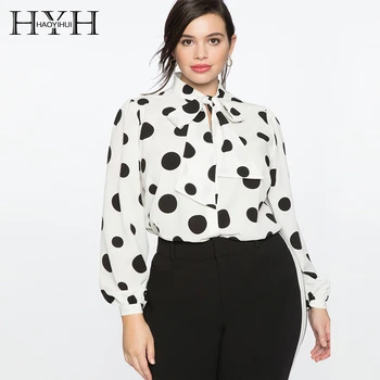 

HYH Haoyihui 2019 New Fashion Autumn Personality Large Size Big Wave Point Retro Tie Bow Lantern Long Sleeve Shirt