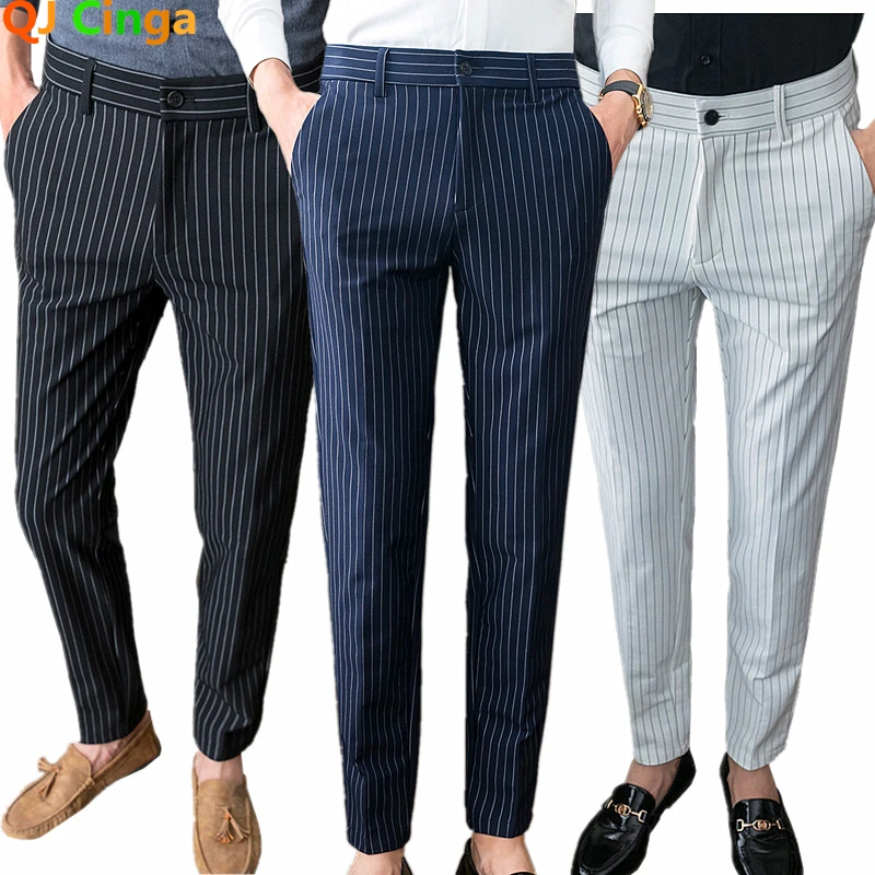 Pantalones de traje rayas verticales blancas para Hombre, Pantalones ajustados a la de negocios, color azul y negro, Otoño, nuevos| Pantalones de traje| -