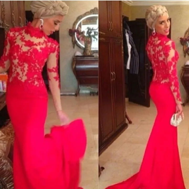 

New Fashionable High Neck Long Sleeve Long Red Special Occasion robe de soiree Evening Gown 2018 mother of the bride dresses