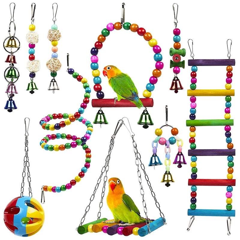 Hot Item Paquete de 10 juguetes de jaula de pájaros para loros, juguetes de campana de bolas de madera con puente de mordida colgante y masticable. JlwjeERkxlO