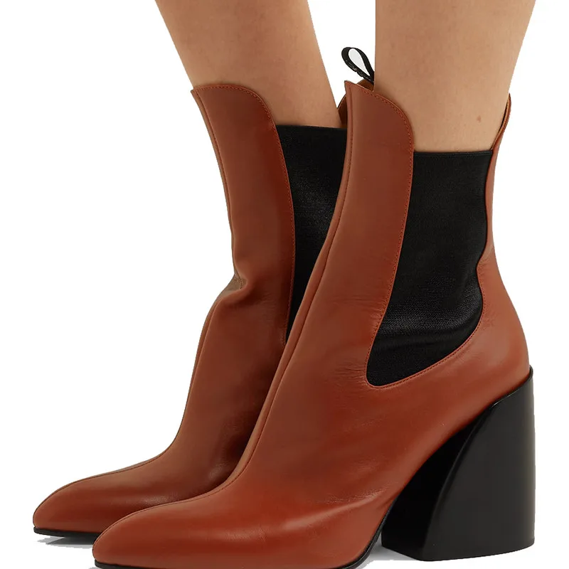 Популярные женские ботильоны из натуральной кожи черного цвета; короткие ботинки с острым носком на не сужающемся книзу массивном каблуке; ковбойские ботинки без застежки; женская обувь; botas mujer