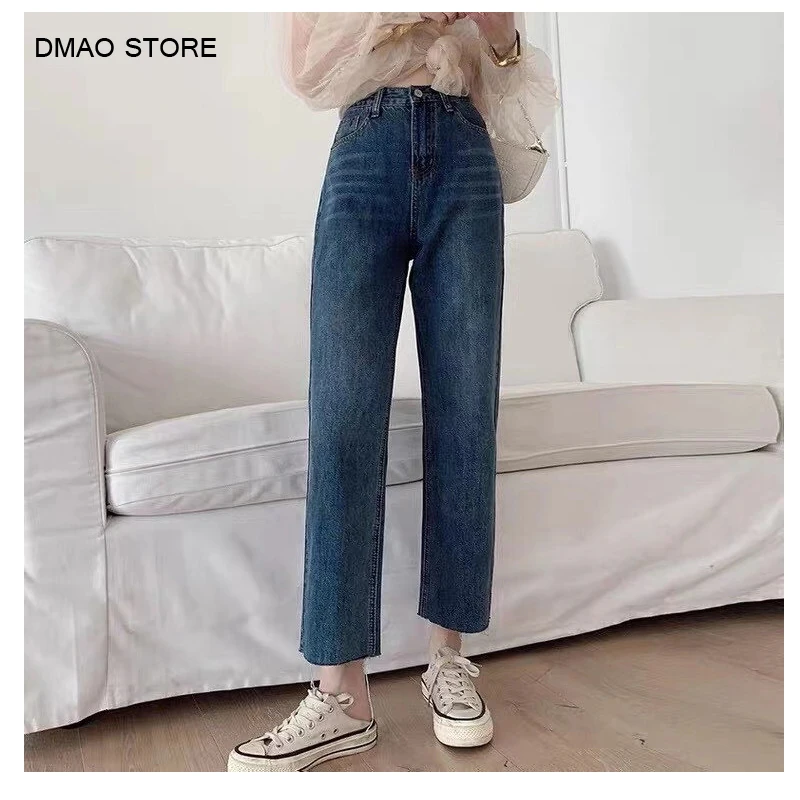 

2020 High waisted straight legs for women 2 button design Winter jeans for girls moustache washed fleece women's jeans pants