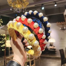 Grands bandeaux en velours uni avec perles pour femmes et filles, Large bandeau enveloppé de couleur bonbon, accessoires pour cheveux