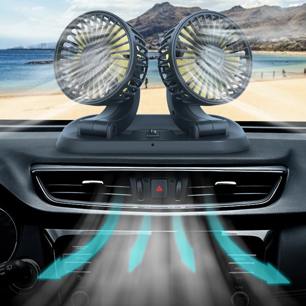 Doble cabeza ventilador USB 5V 12V 24V ventilador del coche de 360 grados giratorio 2 velocidad tablero ventilador con 5 hojas para coche, para camión, para barco RV a casa