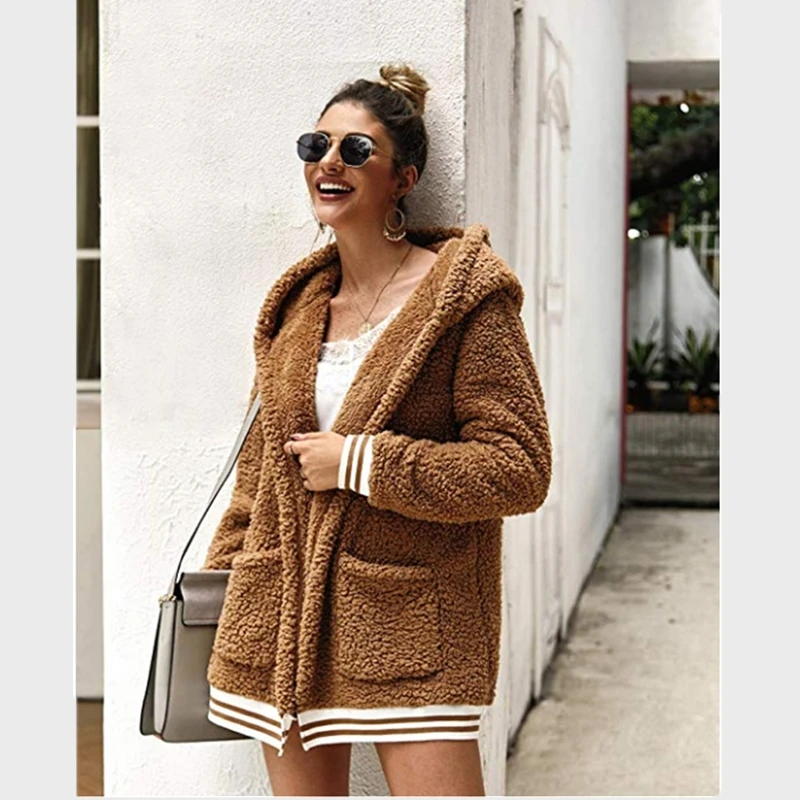 

New Autumn and winter large size plush jacket women 2019 winter fashion pocket solid color hooded office lady female jacket B629