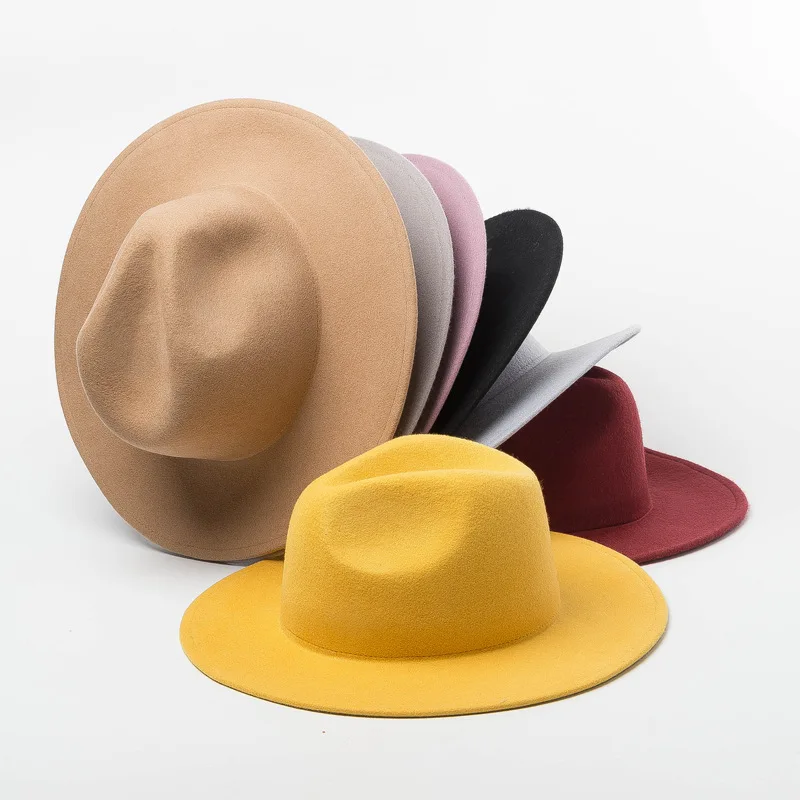Осень-зима дамы фетровая шляпа мягких фетровых большая шляпа женские фетровые однотонные Цвет шерстяной джазовый Шапки шерстяная, фетровая шляпа Панама шляпа