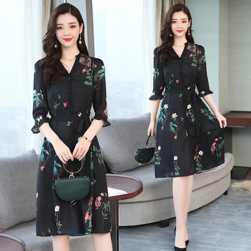 

Spring Black Fashion Chiffon Women Dress 2019 New Style Summer Single Breasted V-neck Slim Elegant Temperament Female Dresses