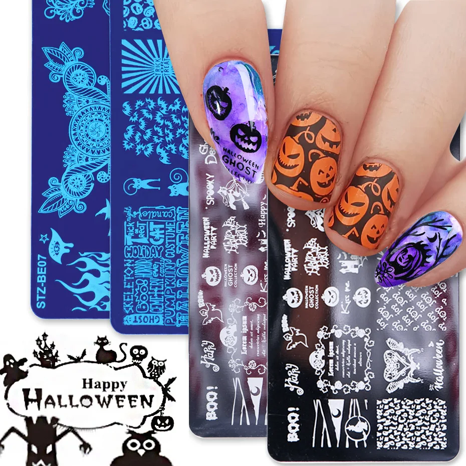 

1PCS Halloween Pattern Pumpkin Skull Ghost Funny Print Unique Anime Manicure Nail DIY Art Printed Steel Nail Sticker Decoration
