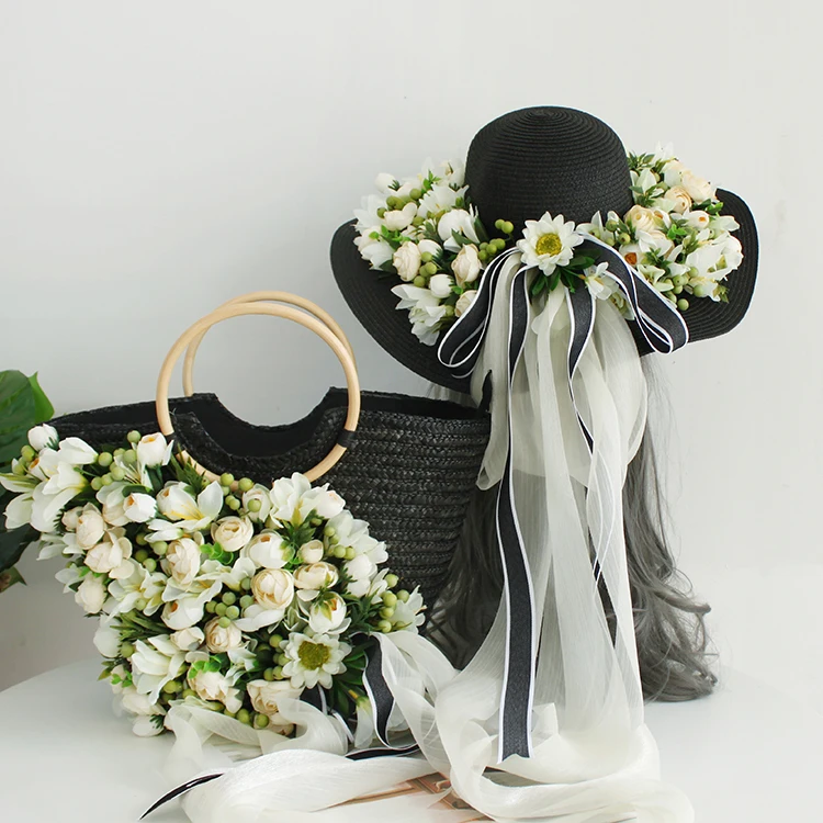 Women Fashion Summer Beach Bag Black Weave Rattan Artificial Flowers Studded Soft Scarves Straw Handbag Hat Suit Holiday Tote