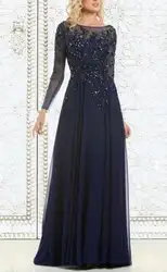 ТРАПЕЦИЕВИДНОЕ темно-синее длинное платье для матери невесты с длинным рукавом с бисером кружевное женское вечернее платье из шифона