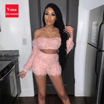 

2PCS Women Clothing Set Sexy Slash Neck Plush Feather Crop Tops Elastic High Waist Drawstring Shorts Women Two-piece Set Autumn