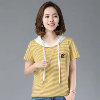 

Pure cotton stripe T-shirt women's short sleeve 2020 summer wear new all-around foreign style women's top fashion hooded top