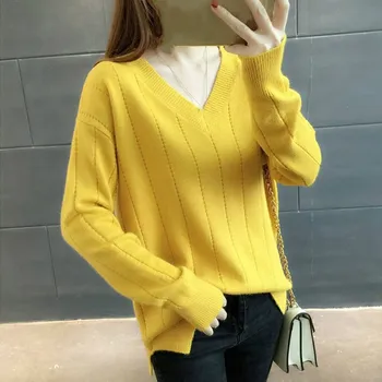 

2019 Autumn Winter Women Knitted Sweater V-Neck Elastic Sweaters Pullovers Solid Female Jumper Pullovers