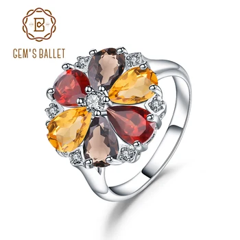 

Gem's Ballet Natural Garnet Citrine Smoky Quart Gemstone Rings 925 Sterling Silver Flower Ring for Women Fine Jewelry