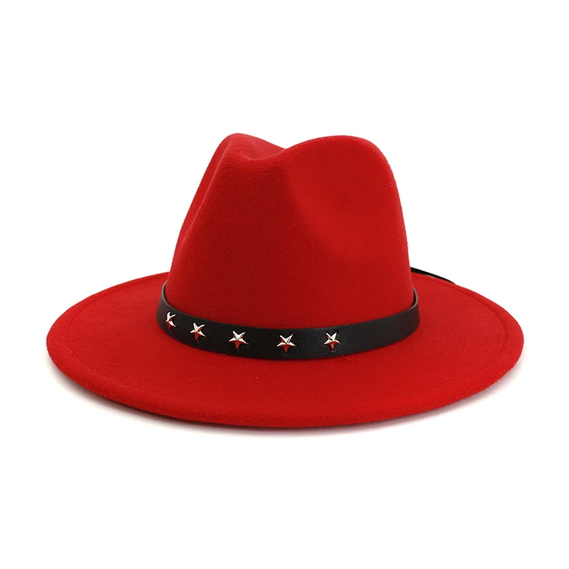 Red fedora FS 16 цветов осень зима шерстяной джазовый головной убор для женщин Мужские фетровые шляпы классическая с широкими полями звезда фетровая Кепка котелок - Цвет: Red fedora