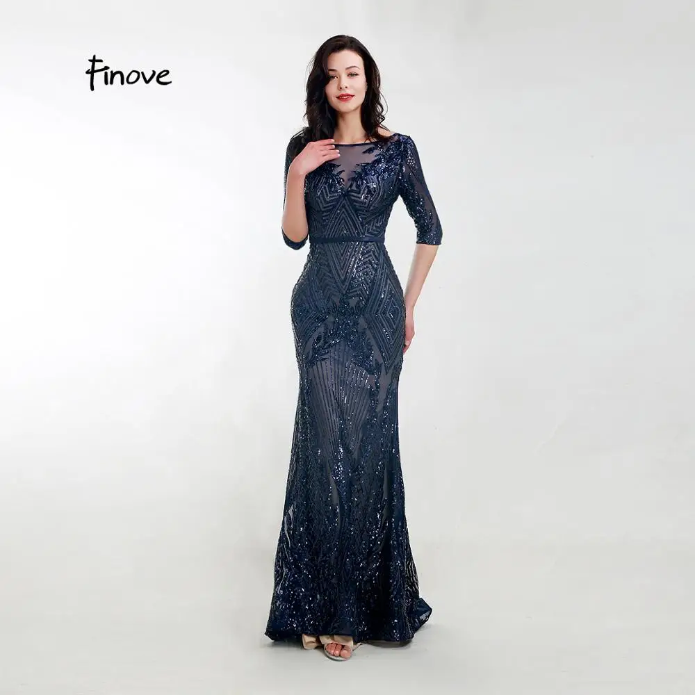 Finove, элегантное вечернее платье, длинное,, темно-синее, блестящее, с блестками, официальное с короткими рукавами, платье русалки для женщин, robe de soiree