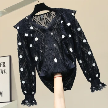 

V-neck Polka Dot Chiffon Blouse Lace Shirt Women's Long Sleeve Spring Blouses Tops Blusas Mujer De Moda 2020