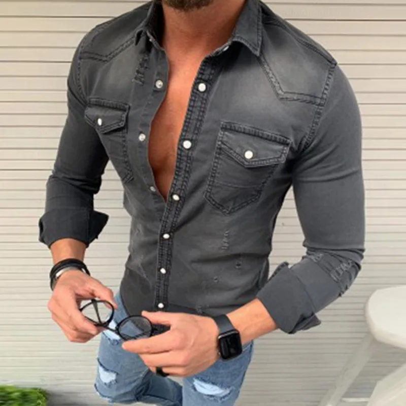 Мужская Осенняя приталенная джинсовая рубашка, одноцветная джинсовая рубашка с длинным рукавом и пуговицами, Повседневная Верхняя одежда, мужские рубашки и блузки