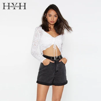 

HYH Haoyihui Fashion V-neck Perspective Knitting Hollow Front Chest Strap With Drawstring Sports Style Short Long Sleeve Sweater